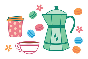Cute coffee and dessert illustration with pastel colors on white background