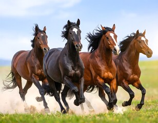 Obraz premium Four Powerful Horses Running Across Open Grassland