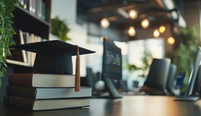 Graduation cap atop books on a modern office desk. Blurry office background
