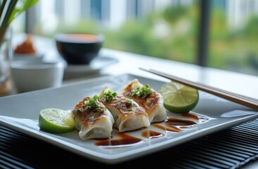 Fried dumplings on a plate with chopsticks and lime