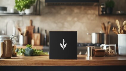 Black box with plant logo on kitchen counter