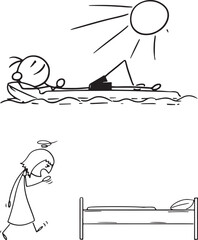 Stickman relaxing on boat and tired woman vector.