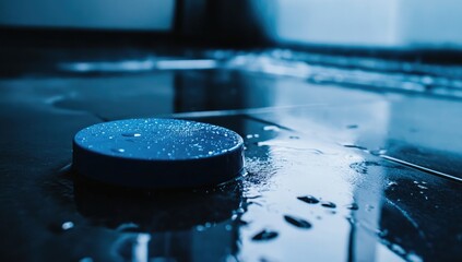 Blue circular object on wet dark floor