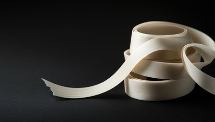 Rolled-up pale cream ribbons against black