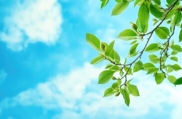 Fresh spring leaves against a vibrant blue sky