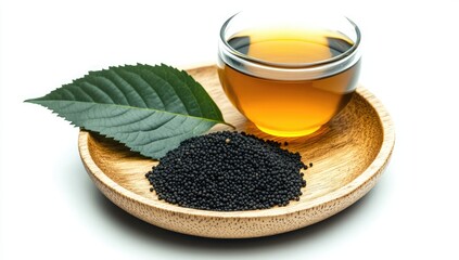 Small wooden plate with black seeds, tea, and leaf
