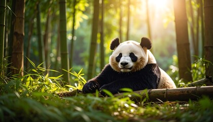 Panda resting in bamboo forest.