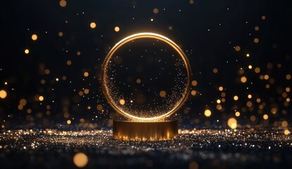 Gold ring-shaped podium on dark glittery surface, with bokeh lights