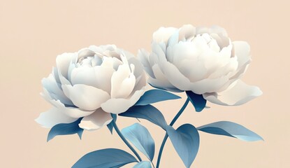 Two delicate, light-cream peonies with teal-toned leaves on a pale peach background