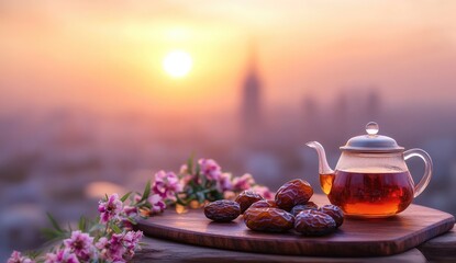 Sunrise, tea, dates, and flowers on wooden board