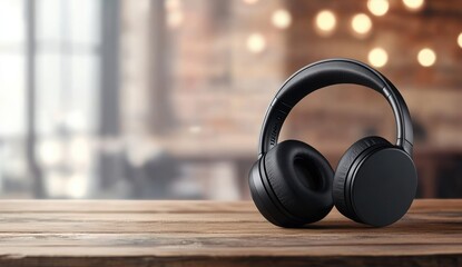 Black over-ear headphones on a wooden table, blurred cafe background