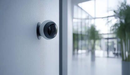 Security camera mounted on a light gray wall in a modern office