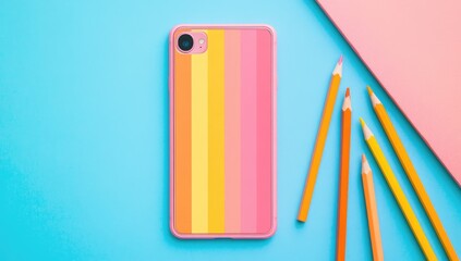 Pastel-colored phone case with colorful pencils on a light blue and pink background