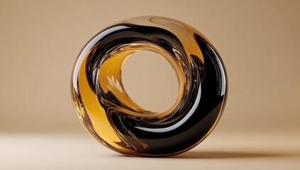 Abstract, amber and black, swirling, glass ring on beige background