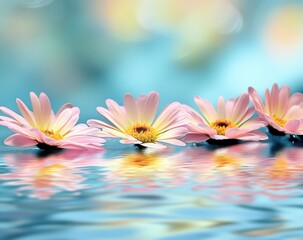 Delicate pink flowers float on water, soft colors