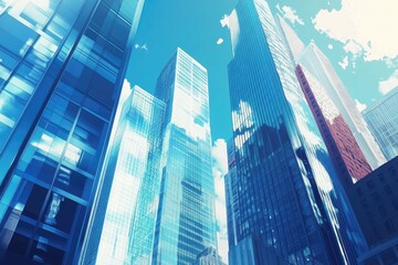 Fototapeta premium Upward view of modern city skyscrapers