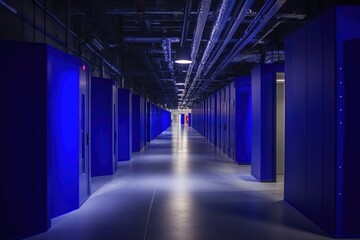 Fototapeta premium Long server room hallway, blue cabinets