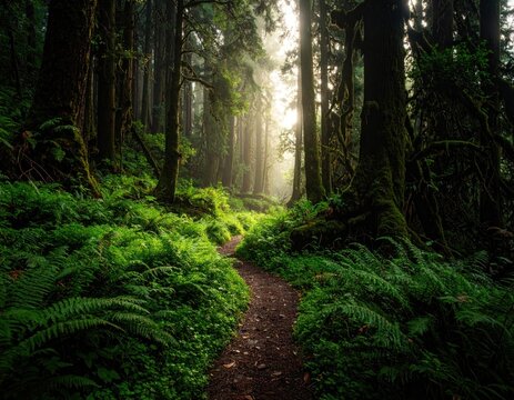 Lush forest path bathed in sunlight