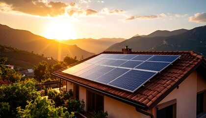 Solar panels sunset mountain home.