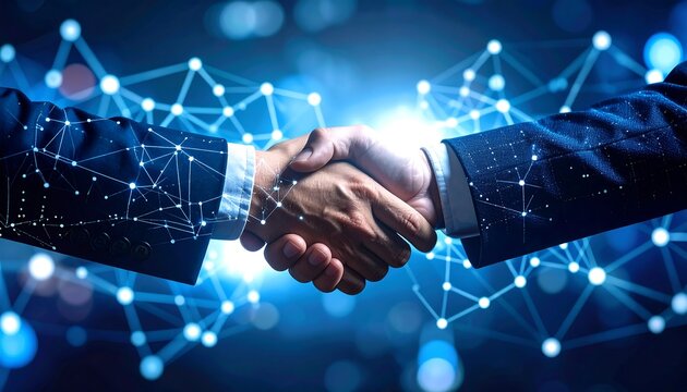 Business handshake with digital network.