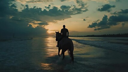 A man riding a horse on the beach at sunset - Powered by Adobe