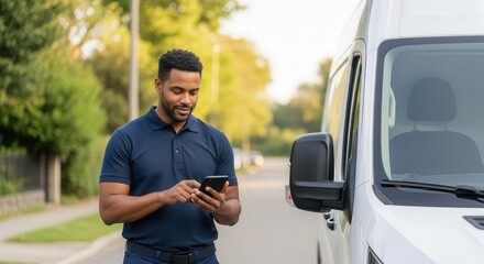 Delivery driver using phone next to van for logistics and transportation services in urban area street