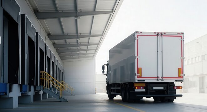 Commercial delivery truck at warehouse loading dock for shipping and distribution services today now