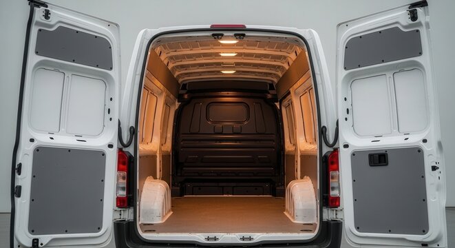 Cargo van open doors interior view showcasing spaciousness and design elements for commercial use vehicle