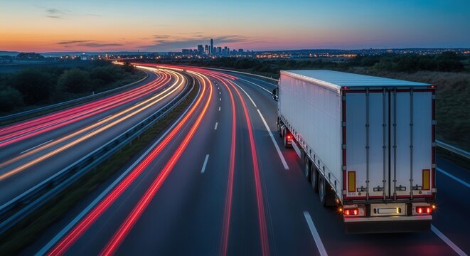 Trucking logistics and transportation on highway at night with long exposure light trails stock photo