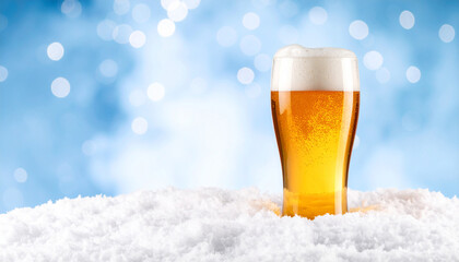 Front view with white snow and cool beer against a bright blue bokeh background.