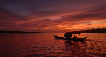 Obraz premium Sunset boat ride on river landscape beautiful sky orange colors nature photography scenic travel destination