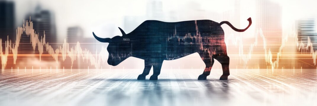 Bull silhouette against a cityscape with financial elements, symbolizing market strength. - Powered by Adobe