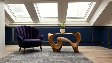 Stylish modern interior featuring a purple chair and unique wooden table under skylights