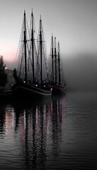 Misty harbor scene with tall ships