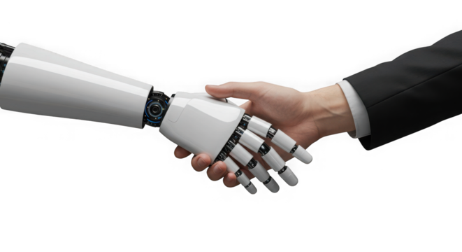 Robot and human hands shaking in agreement on a transparent studio background shot