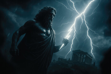Zeus Holding a Lightning Bolt with the Ancient City of Athens in the Background, Radiating Divine Power in a Classical Mythological Scene