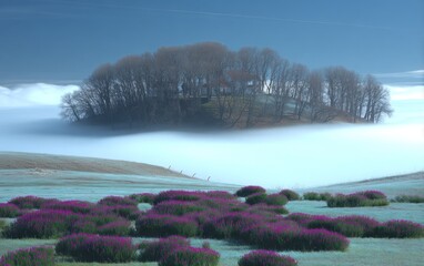 Misty island, purple flowers