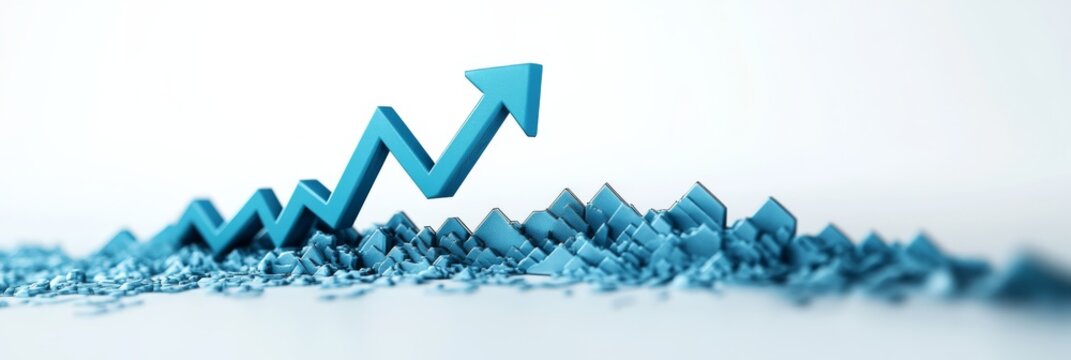 Graphical representation of growth with an upward arrow and rising peaks.