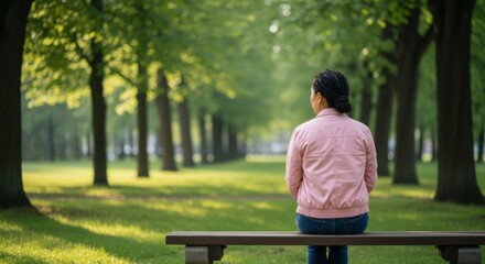 Fototapeta premium Reflective Woman Sitting on Bench in Lush Park Lifestyle Photography Serene Nature Environment Peaceful Viewpoint Contemplative Concept for Mindfulness