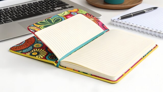 A colorful floral patterned notebook lies open on a desk near a laptop, ready for writing