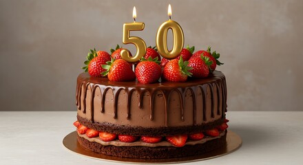 A delicious chocolate cake decorated with fresh strawberries and two golden candles forming the number 50. This decadent dessert is perfect for a 50th birthday celebration.