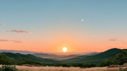 Serene Sunset Landscape  Mountains  Sky  Moon  Horizon  Pastel Colors  Nature
