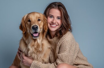 Woman and dog, happy pose