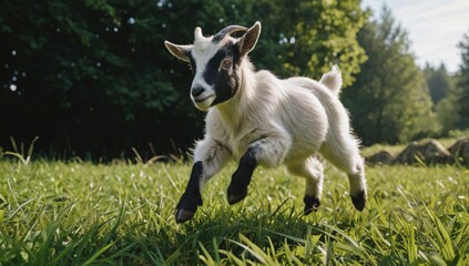 Adorable pygmy goat jumping green grass meadow