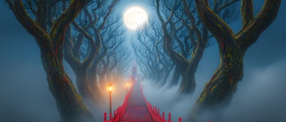 Misty, moonlit path through a spectral forest.  A red bridge stretches into the distance