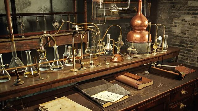Vintage laboratory scene showcasing glassware, copper apparatus, and aged books on a wooden table