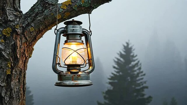 Vintage lantern hanging from a tree branch, illuminating a misty forest landscape at dusk