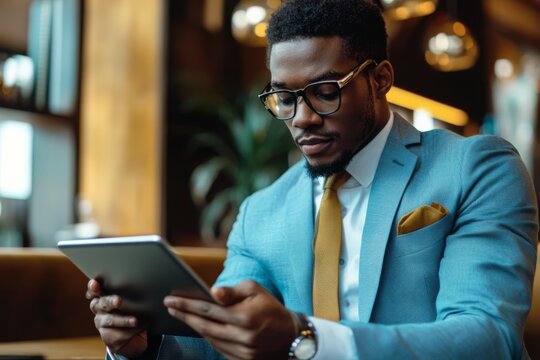 A man in a suit using a tablet in a modern cafe setting, focused and professional.