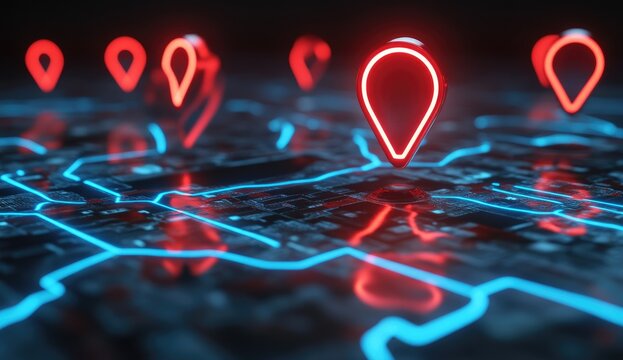 Neon map markers on a circuit board