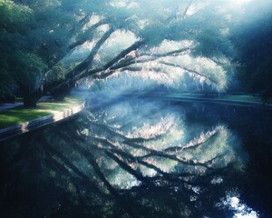 Misty morning in a park with a reflecting pool